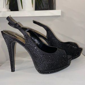 Black Crystal Embellished Peep Toe Heels